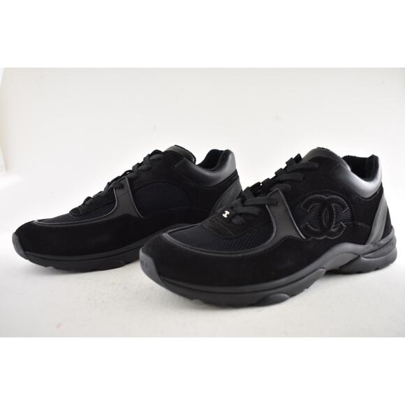 Chanel 20P Mens Triple Black Mesh CC Logo Low Top Runner Trainer Sneaker 44 11 - Picture 10 of 13